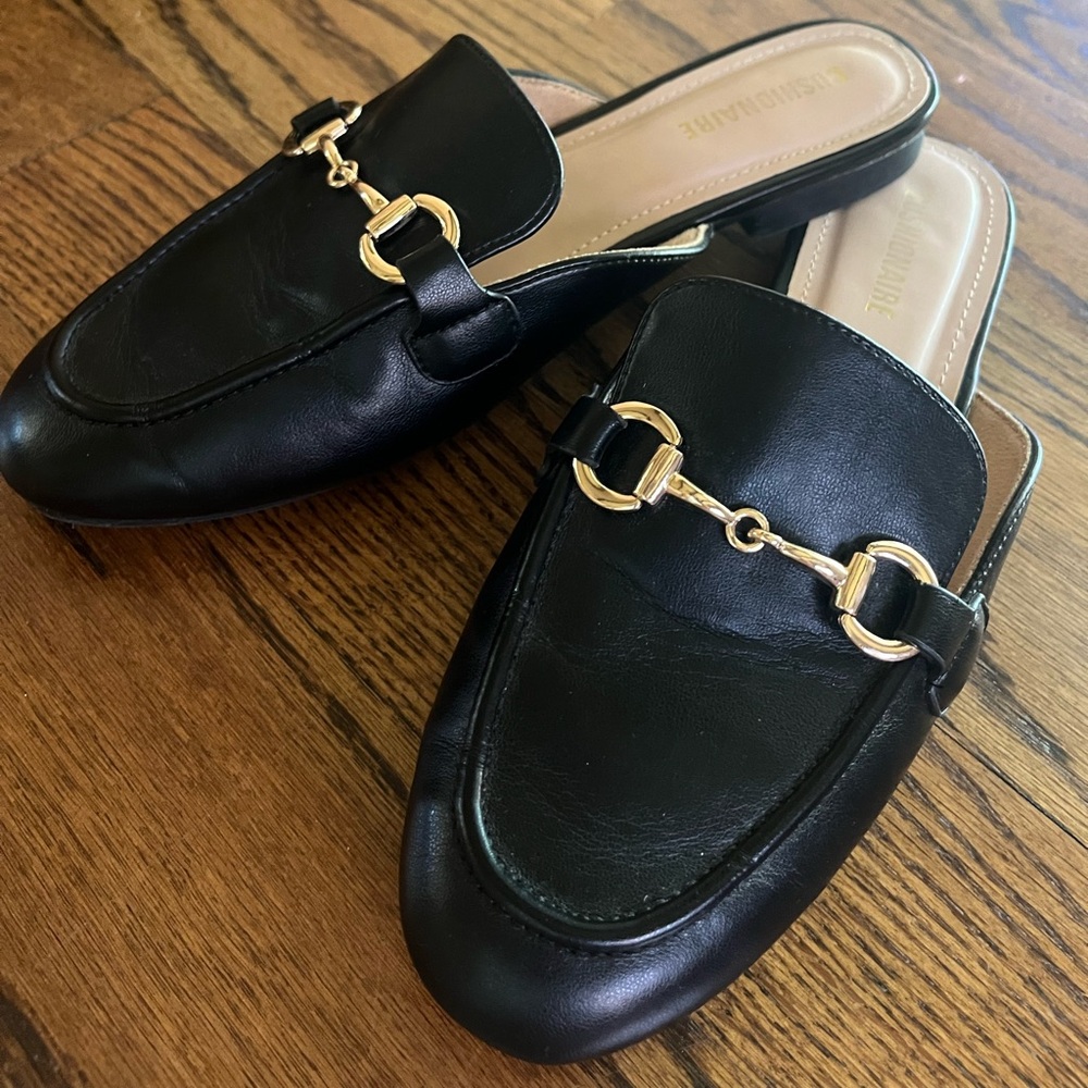 Black Leather Slip-On Mules with Gold Horsebit Accent
